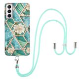 For Samsung Galaxy S21 5G Electroplating Splicing Marble Flower Pattern TPU Shockproof Case with Lanyard(Blue Flower)