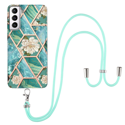 For Samsung Galaxy S21 5G Electroplating Splicing Marble Flower Pattern TPU Shockproof Case with Lanyard(Blue Flower)