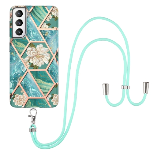 For Samsung Galaxy S21 FE 5G Electroplating Splicing Marble Flower Pattern TPU Shockproof Case with Lanyard(Blue Flower)