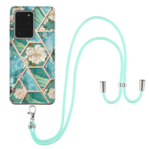 For Samsung Galaxy S20 Ultra Electroplating Splicing Marble Flower Pattern TPU Shockproof Case with Lanyard(Blue Flower)