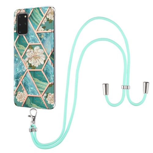 For Samsung Galaxy S20+ Electroplating Splicing Marble Flower Pattern TPU Shockproof Case with Lanyard(Blue Flower)