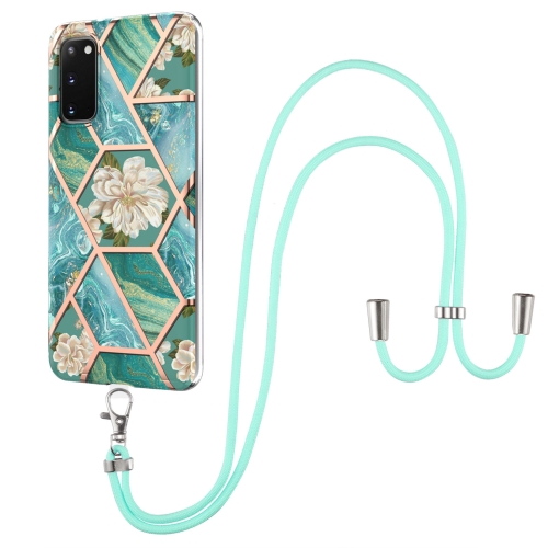 For Samsung Galaxy S20 Electroplating Splicing Marble Flower Pattern TPU Shockproof Case with Lanyard(Blue Flower)