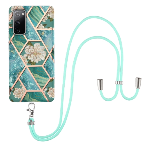 For Samsung Galaxy S20 FE 5G / 4G Electroplating Splicing Marble Flower Pattern TPU Shockproof Case with Lanyard(Blue Flower)
