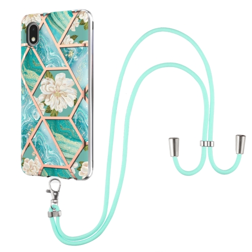 For Samsung Galaxy A01 Core Electroplating Splicing Marble Flower Pattern TPU Shockproof Case with Lanyard(Blue Flower)