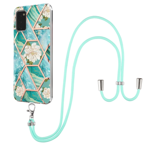 For Samsung Galaxy A02s EU Version Electroplating Splicing Marble Flower Pattern TPU Shockproof Case with Lanyard(Blue Flower)