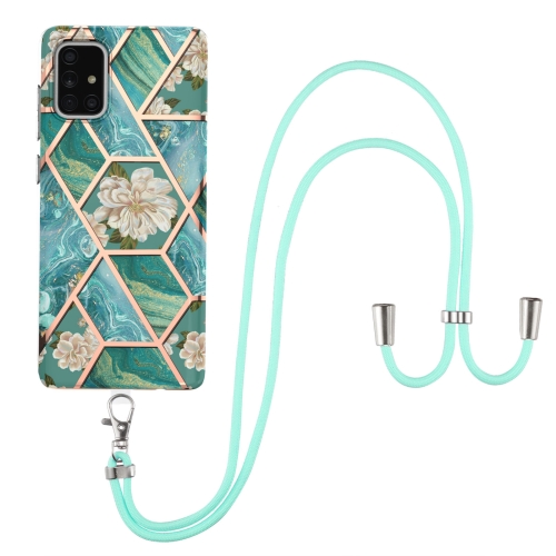 For Samsung Galaxy A71 Electroplating Splicing Marble Flower Pattern TPU Shockproof Case with Lanyard(Blue Flower)