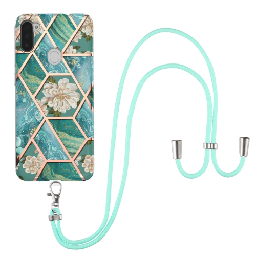 For Samsung Galaxy A11 / M11 Electroplating Splicing Marble Flower Pattern TPU Shockproof Case with Lanyard(Blue Flower)