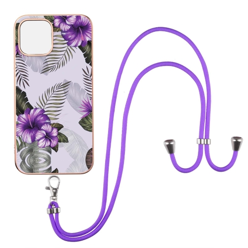 Electroplating Pattern IMD TPU Shockproof Case with Neck Lanyard For iPhone 13 mini(Purple Flower)