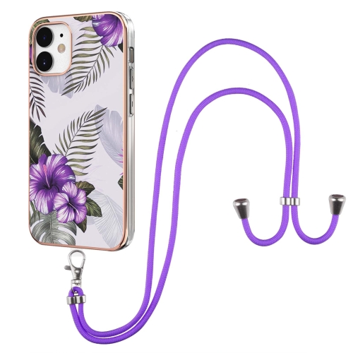 Electroplating Pattern IMD TPU Shockproof Case with Neck Lanyard For iPhone 12 mini(Purple Flower)