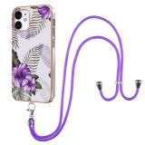 Electroplating Pattern IMD TPU Shockproof Case with Neck Lanyard For iPhone 12 / 12 Pro(Purple Flower)