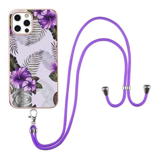 Electroplating Pattern IMD TPU Shockproof Case with Neck Lanyard For iPhone 12 Pro Max(Purple Flower)