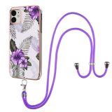 Electroplating Pattern IMD TPU Shockproof Case with Neck Lanyard For iPhone 11(Purple Flower)