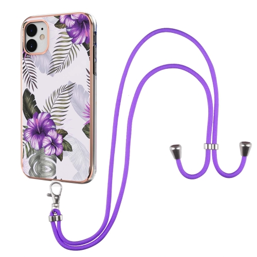 Electroplating Pattern IMD TPU Shockproof Case with Neck Lanyard For iPhone 11(Purple Flower)