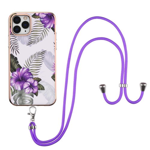 Electroplating Pattern IMD TPU Shockproof Case with Neck Lanyard For iPhone 11 Pro(Purple Flower)