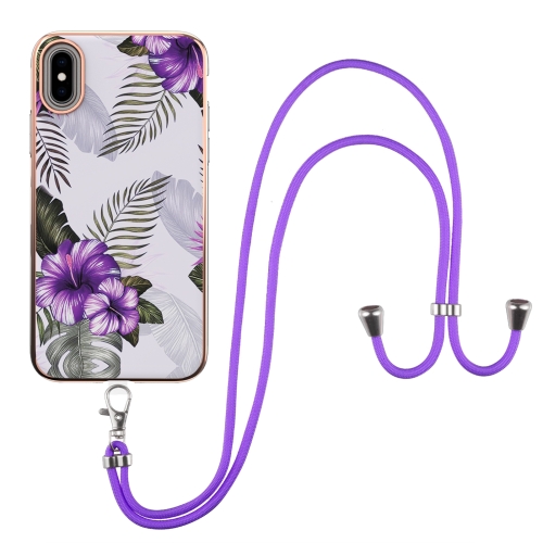 Electroplating Pattern IMD TPU Shockproof Case with Neck Lanyard For iPhone XS / X(Purple Flower)
