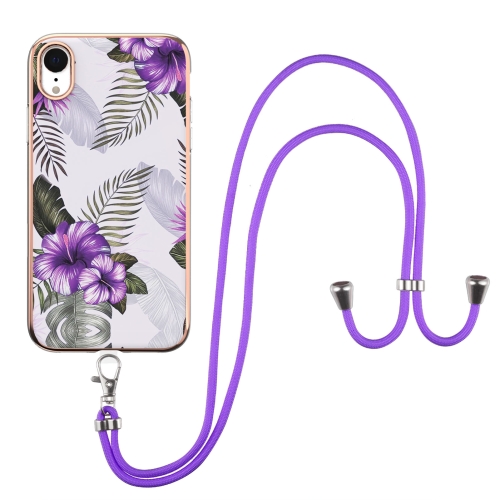 Electroplating Pattern IMD TPU Shockproof Case with Neck Lanyard For iPhone XR(Purple Flower)