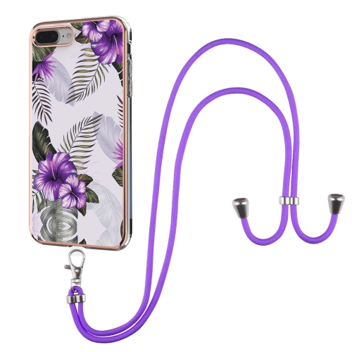 Electroplating Pattern IMD TPU Shockproof Case with Neck Lanyard For iPhone 8 Plus / 7 Plus(Purple Flower)