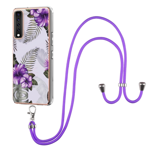 For LG Stylo 7 4G Electroplating Pattern IMD TPU Shockproof Case with Neck Lanyard(Purple Flower)