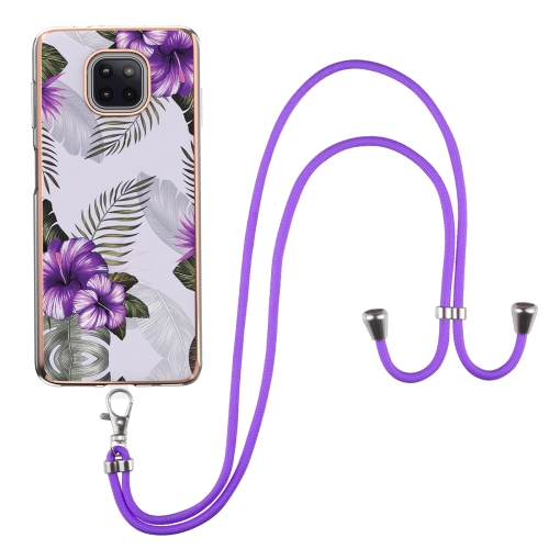 For Motorola Moto G Power 2021 Electroplating Pattern IMD TPU Shockproof Case with Neck Lanyard(Purple Flower)