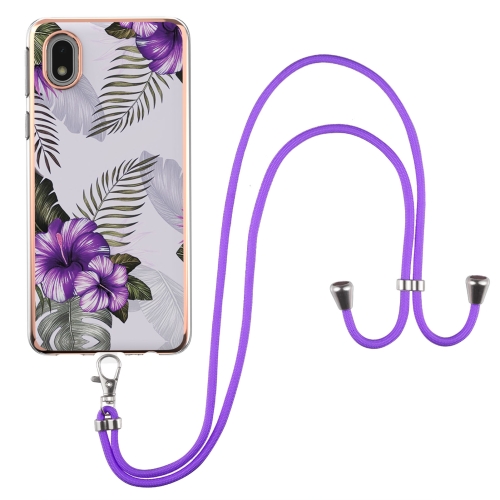 For Samsung Galaxy A01 Core Electroplating Pattern IMD TPU Shockproof Case with Neck Lanyard(Purple Flower)