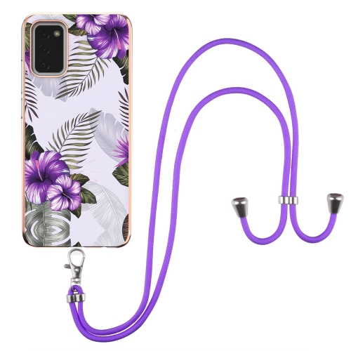 For Samsung Galaxy A02s EU Version Electroplating Pattern IMD TPU Shockproof Case with Neck Lanyard(Purple Flower)