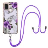For Samsung Galaxy A21s Electroplating Pattern IMD TPU Shockproof Case with Neck Lanyard(Purple Flower)