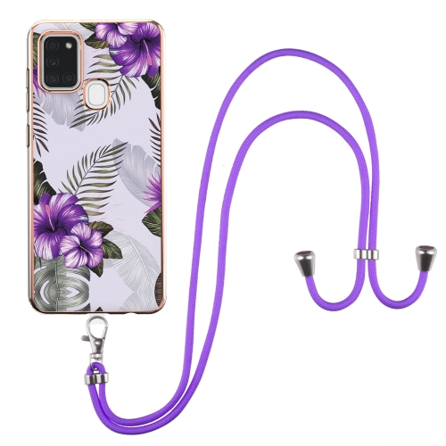 For Samsung Galaxy A21s Electroplating Pattern IMD TPU Shockproof Case with Neck Lanyard(Purple Flower)