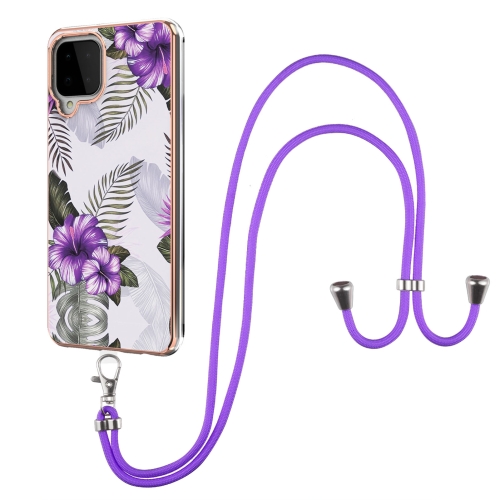 For Samsung Galaxy A22 4G EU Version/M32 Electroplating Pattern IMD TPU Shockproof Case with Neck Lanyard(Purple Flower)