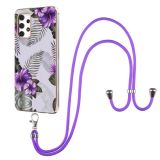For Samsung Galaxy A32 4G EU Version Electroplating Pattern IMD TPU Shockproof Case with Neck Lanyard(Purple Flower)
