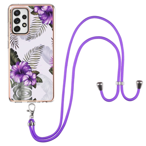 For Samsung Galaxy A52 5G / 4G Electroplating Pattern IMD TPU Shockproof Case with Neck Lanyard(Purple Flower)