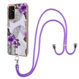 For Samsung Galaxy A82 5G Electroplating Pattern IMD TPU Shockproof Case with Neck Lanyard(Purple Flower)