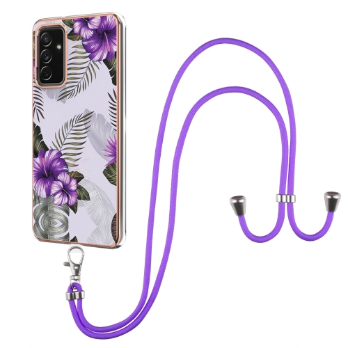 For Samsung Galaxy A82 5G Electroplating Pattern IMD TPU Shockproof Case with Neck Lanyard(Purple Flower)