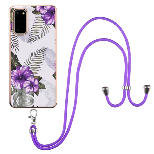 For Samsung Galaxy S20 Electroplating Pattern IMD TPU Shockproof Case with Neck Lanyard(Purple Flower)