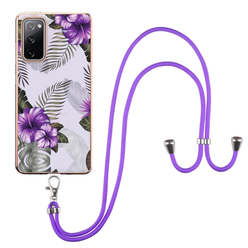 For Samsung Galaxy S20 FE 5G / 4G Electroplating Pattern IMD TPU Shockproof Case with Neck Lanyard(Purple Flower)