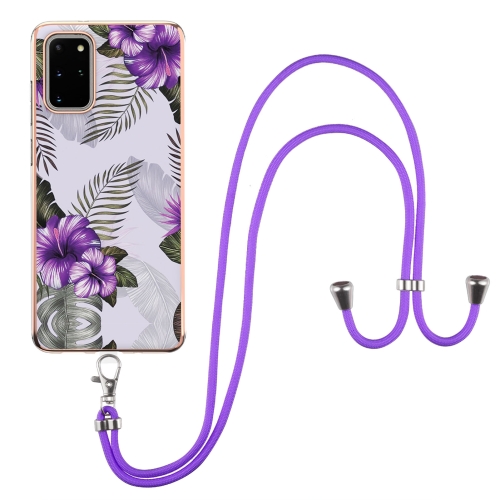 For Samsung Galaxy S20+ Electroplating Pattern IMD TPU Shockproof Case with Neck Lanyard(Purple Flower)