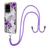For Samsung Galaxy S20 Ultra Electroplating Pattern IMD TPU Shockproof Case with Neck Lanyard(Purple Flower)