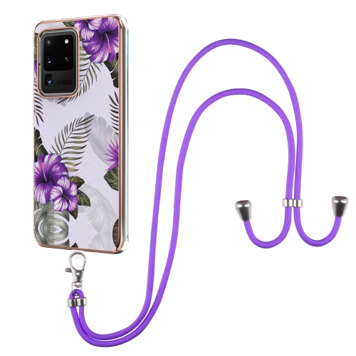 For Samsung Galaxy S20 Ultra Electroplating Pattern IMD TPU Shockproof Case with Neck Lanyard(Purple Flower)