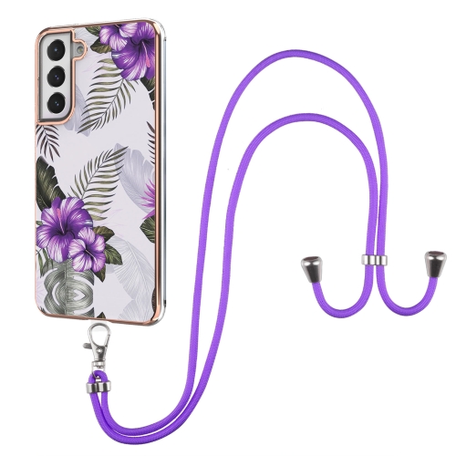 For Samsung Galaxy S21 FE Electroplating Pattern IMD TPU Shockproof Case with Neck Lanyard(Purple Flower)