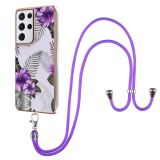 For Samsung Galaxy S21 Ultra 5G Electroplating Pattern IMD TPU Shockproof Case with Neck Lanyard(Purple Flower)