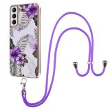For Samsung Galaxy S21+ 5G Electroplating Pattern IMD TPU Shockproof Case with Neck Lanyard(Purple Flower)