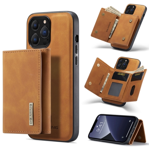 DG.MING M1 Series 3-Fold Multi Card Wallet + Magnetic Shockproof Case with Holder Function For iPhone 13 Pro(Brown)