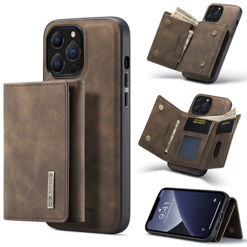 DG.MING M1 Series 3-Fold Multi Card Wallet + Magnetic Shockproof Case with Holder Function For iPhone 13 Pro Max(Coffee)