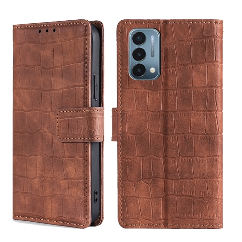 Skin Feel Crocodile Texture Magnetic Clasp Horizontal Flip PU Leather Case with Holder & Card Slots & Wallet For OnePlus Nord N200 5G(Brown)