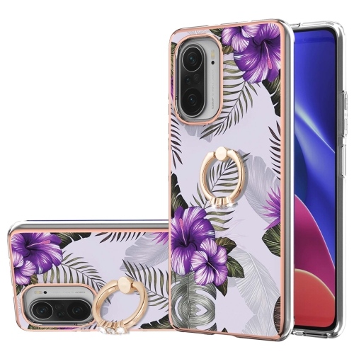 For Xiaomi Mi 11i/Poco F3/Redmi K40/Redmi K40 Pro Electroplating Pattern IMD TPU Shockproof Case with Rhinestone Ring Holder(Purple Flower)