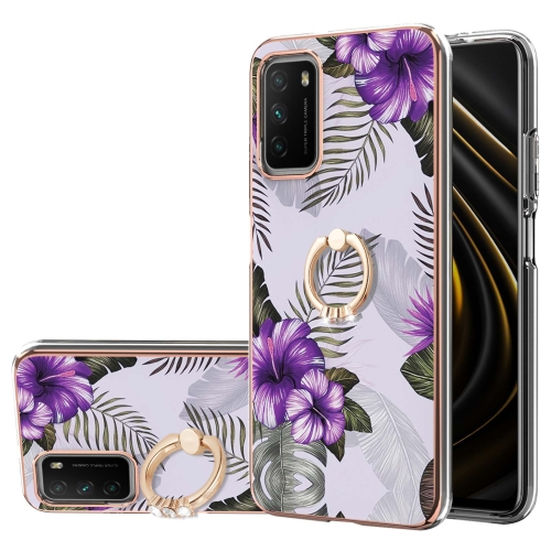 For Xiaomi Poco M3/Redmi Note 9 4G/Redmi 9 Power/Redmi 9T Electroplating Pattern IMD TPU Shockproof Case with Rhinestone Ring Holder(Purple Flower)