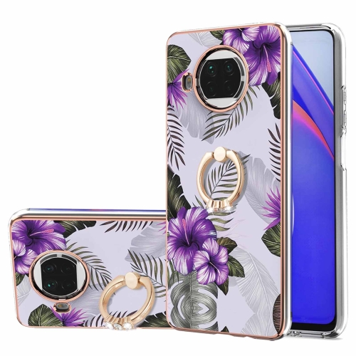 For Xiaomi Mi 10T Lite 5G Electroplating Pattern IMD TPU Shockproof Case with Rhinestone Ring Holder(Purple Flower)
