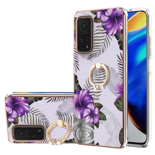 For Xiaomi Mi 10T 5G/10T Pro 5G Electroplating Pattern IMD TPU Shockproof Case with Rhinestone Ring Holder(Purple Flower)