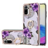 For Xiaomi Redmi Note 10 Electroplating Pattern IMD TPU Shockproof Case with Rhinestone Ring Holder(Purple Flower)