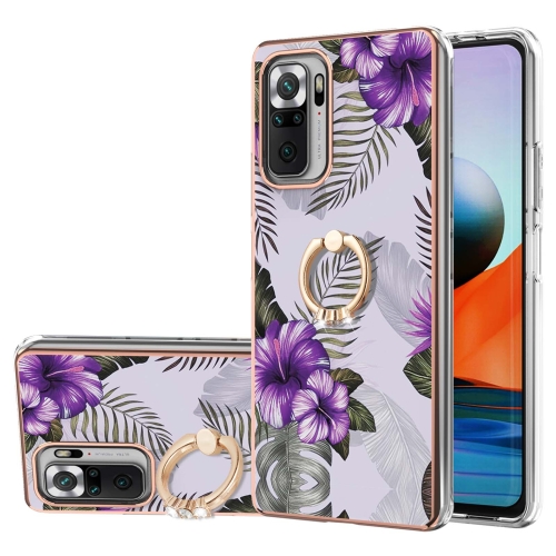 For Xiaomi Redmi Note 10 Pro/ 10 Pro Max Electroplating Pattern IMD TPU Shockproof Case with Rhinestone Ring Holder(Purple Flower)