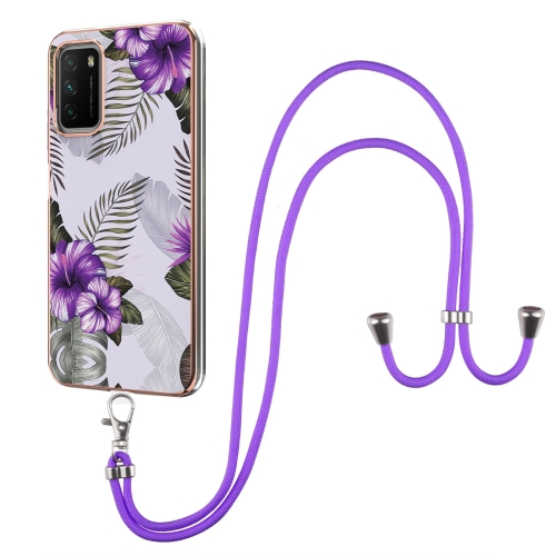 For Xiaomi Poco M3 / Redmi Note 9 4G Electroplating Pattern IMD TPU Shockproof Case with Neck Lanyard(Purple Flower)